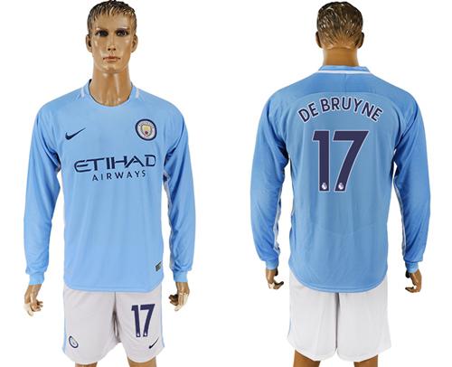 Manchester City #17 De Bruyne Home Long Sleeves Soccer Club Jersey - Click Image to Close